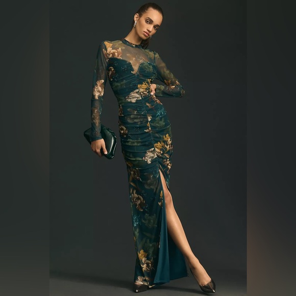 Black Halo Dresses & Skirts - Black Halo Sheer Long-Sleeve Ruched Dress